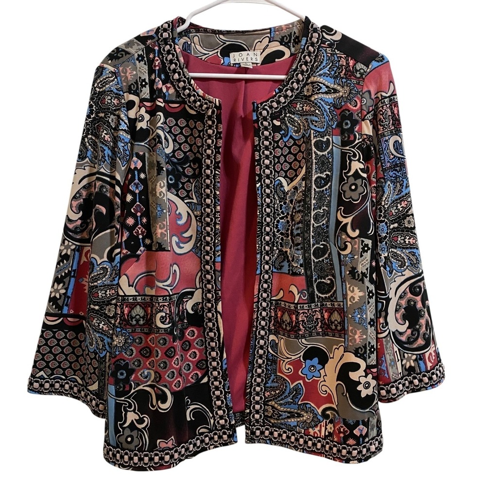 Joan Rivers Large Colorful Paisley Patchwork‎ Open Front Blazer Jacket Artsy